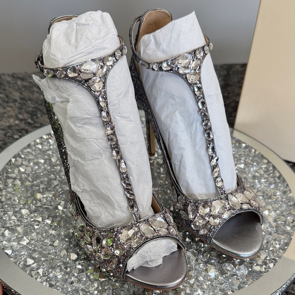 Badgley Mischka Silver Crystal T‑Strap Glitter Heels NEW 8.5 - Picture 14 of 14